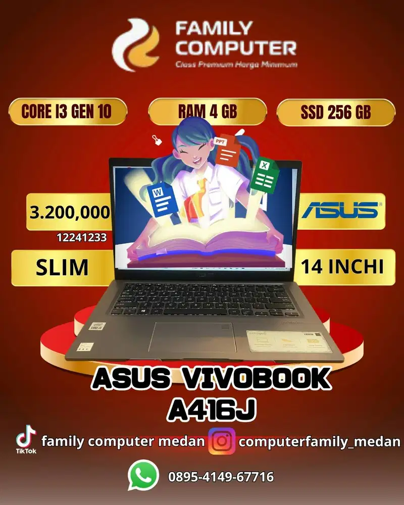 ASUS VIVOBOOK A416J|CORE I3 GEN 10|RAM 4GB|SSD 256GB|14 INCH| SLIM