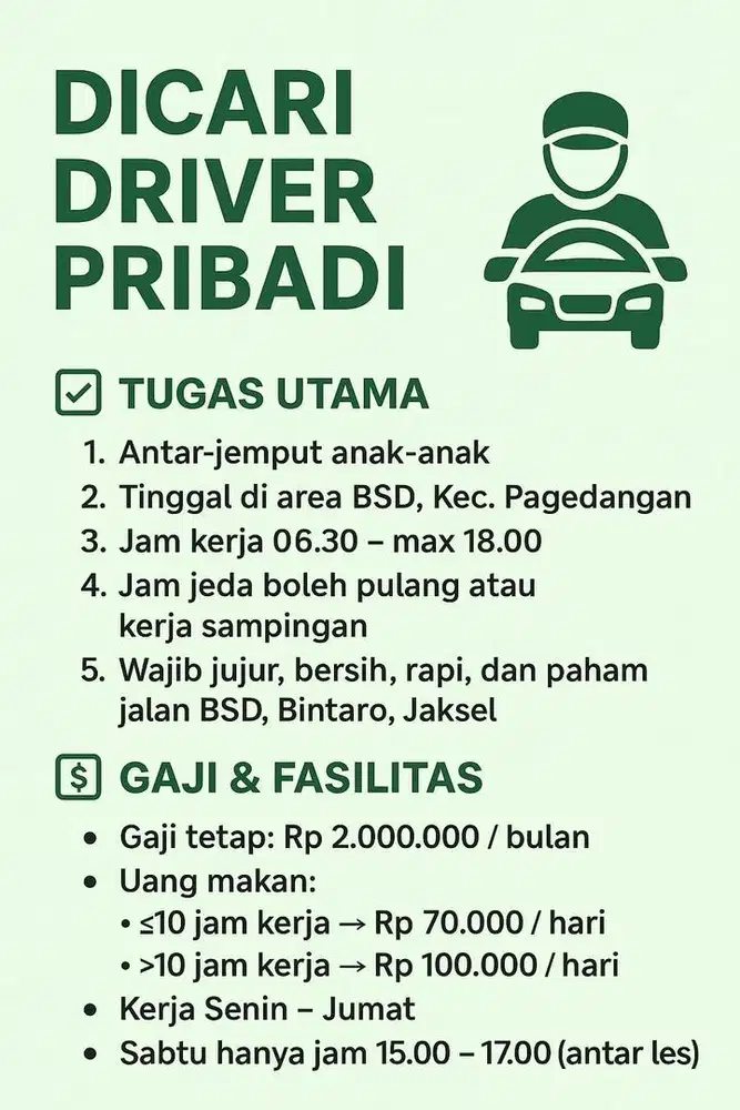 Di cari driver , jujur, amanah, rapih. Syarat dan gaji sesuai di banne