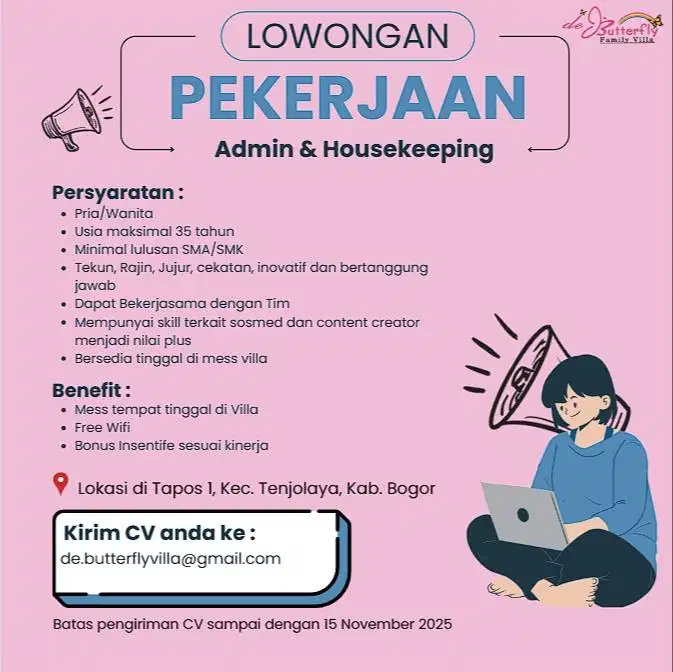 Lowongan Pekerjaan Admin & Housekeeping de Butterfly Villa Bogor
