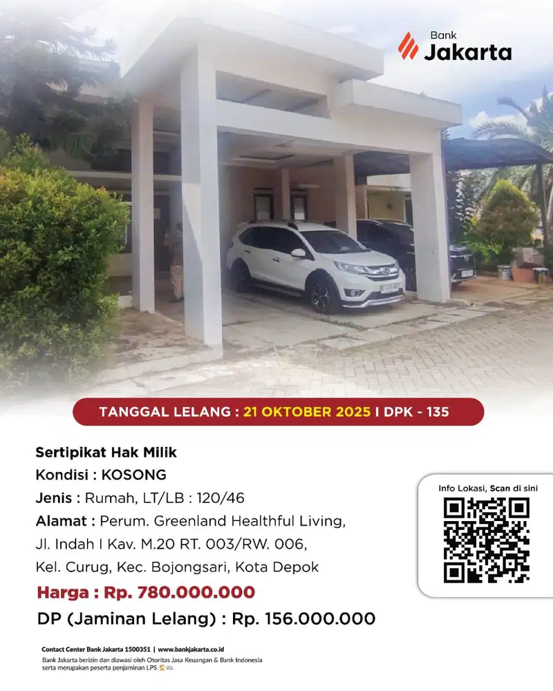 LELANG BANK DKI - DIJUAL VIA LELANG RUMAH PERUMAHAN GREENLAND KAV M 20