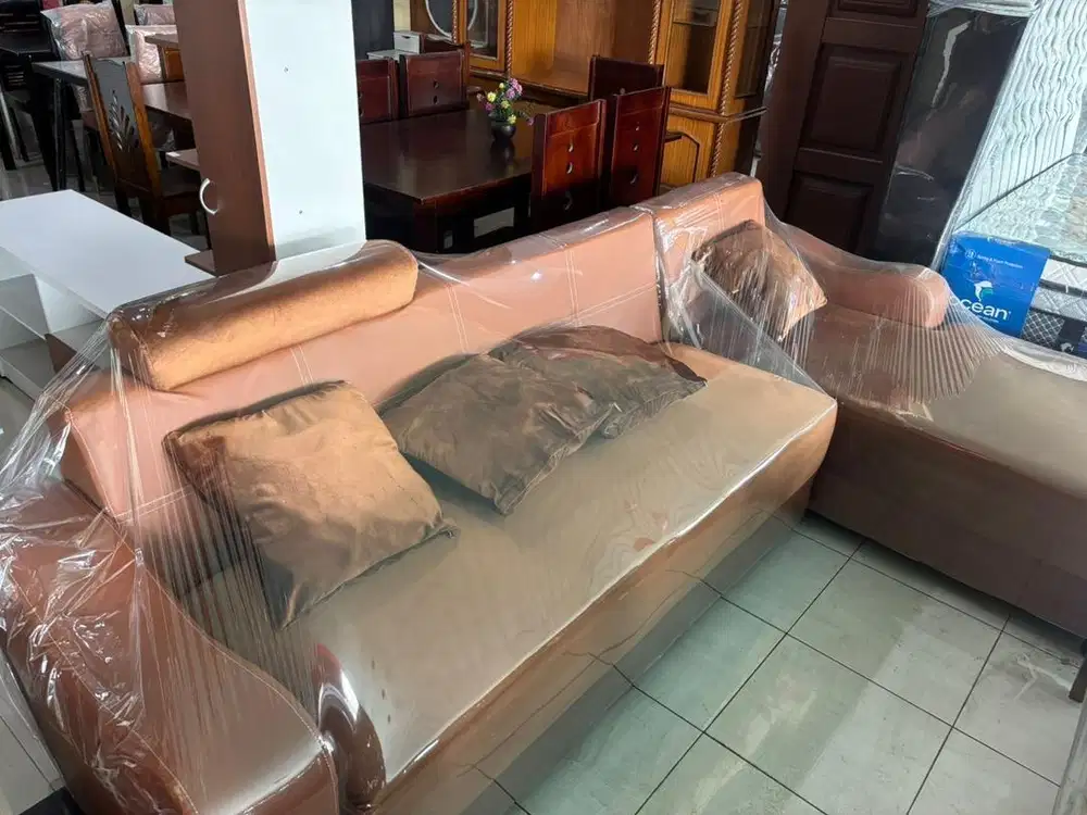 Sofa L kulit + bludru coklat