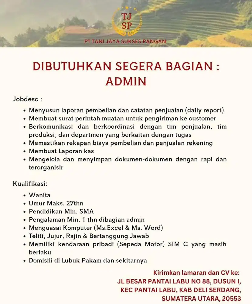 DIBUTUHKAN CEPAT BAGIAN ADMIN