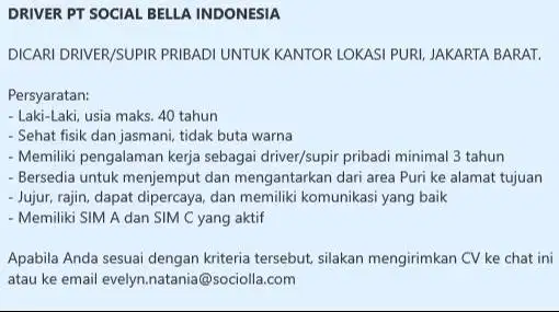 LOWONGAN KERJA DRIVER PT SOCIAL BELLA INDONESIA