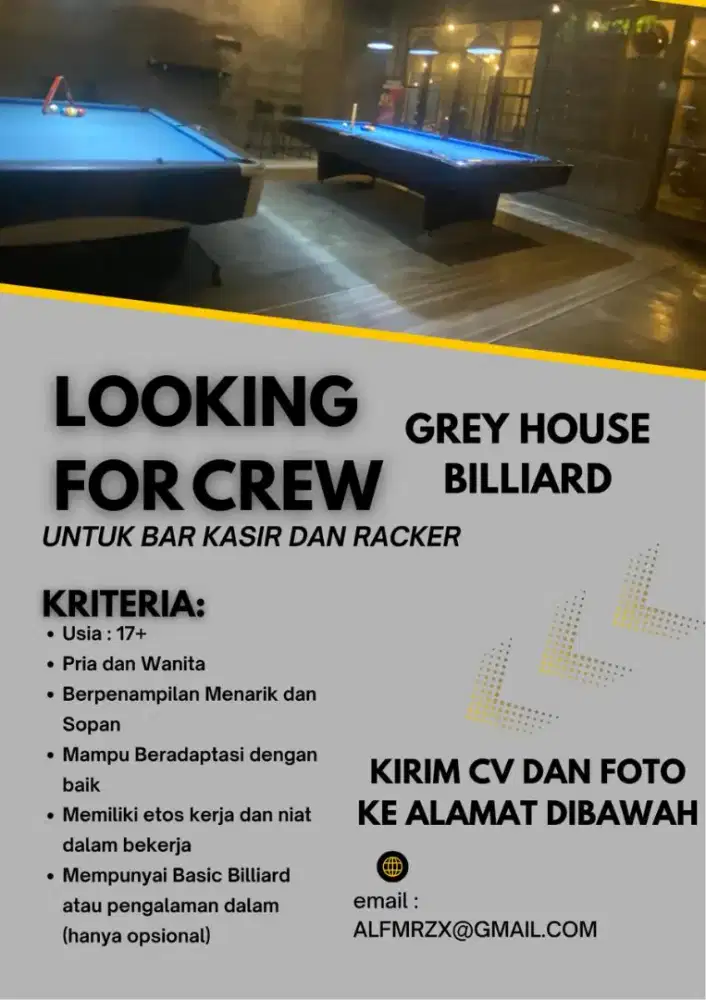Dibutuhkan racker bar kasir Billiard di bintaro ciputat dan sekita