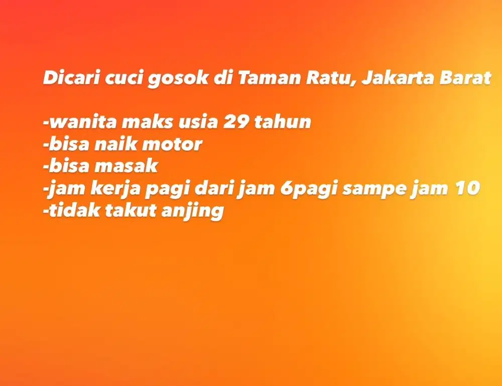Dicari Cuci Gosok Pp di Jakarta Barat