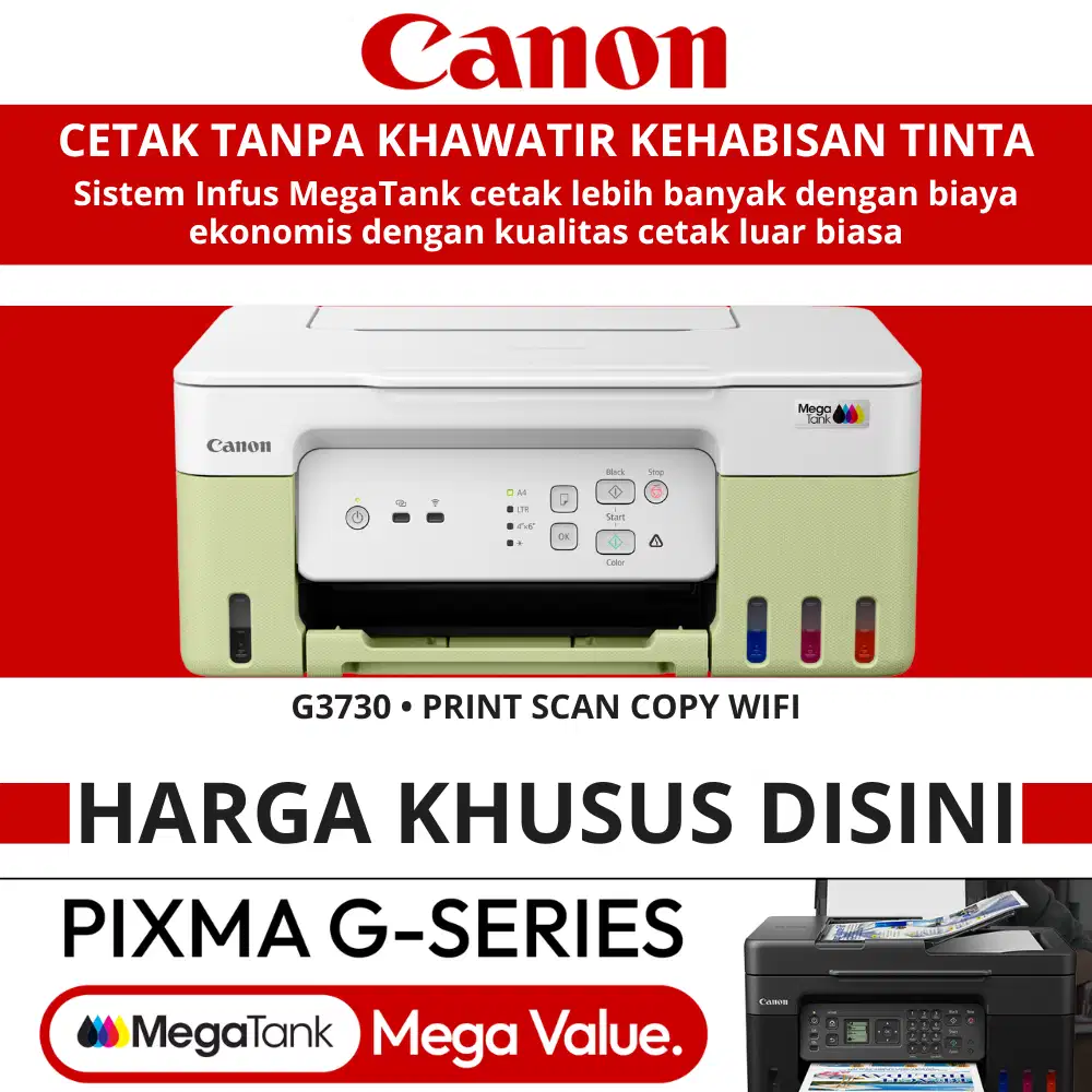 Printer Serbaguna Ada WiFi Canon PIXMA G3730 Garansi Resmi