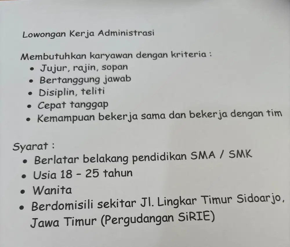 Lowongan Perkerjaan Administrasi Lapangan