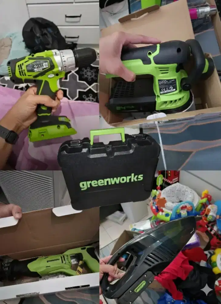 Power tool greenwoorks, reciprocating saw, drill, orbit sander, vacuum