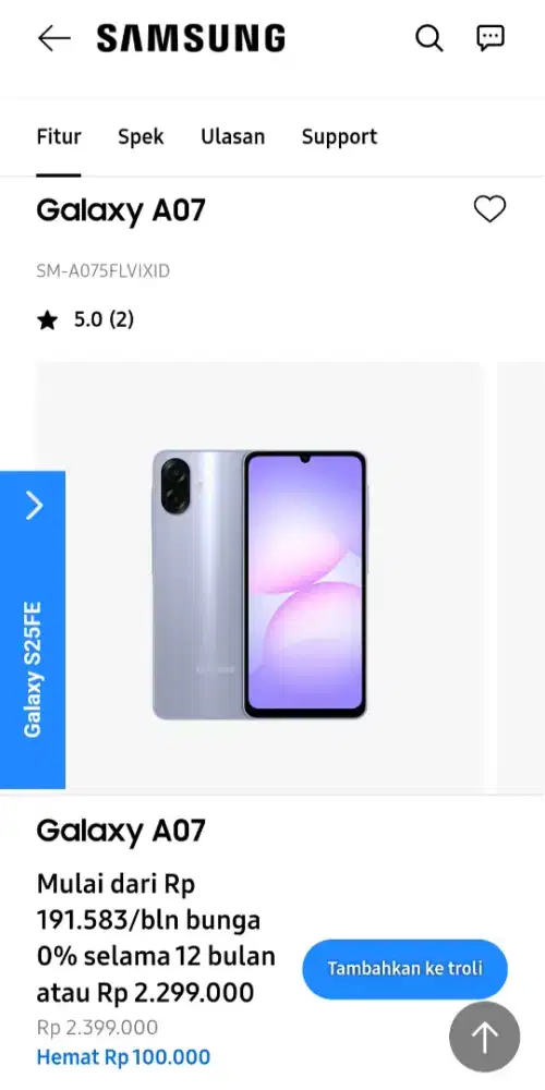 SAMSUNG GALAXY A07 RAM 8+8/256 Baru masih segel