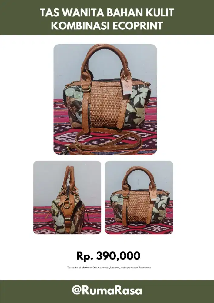 Tas wanita bahan kulit kombinasi ecoprint daun