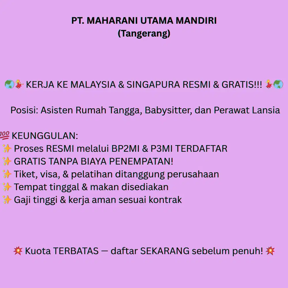 KERJA ART & BABY SITTER KE MALAYSIA & SINGAPURA RESMI & GRATIS
