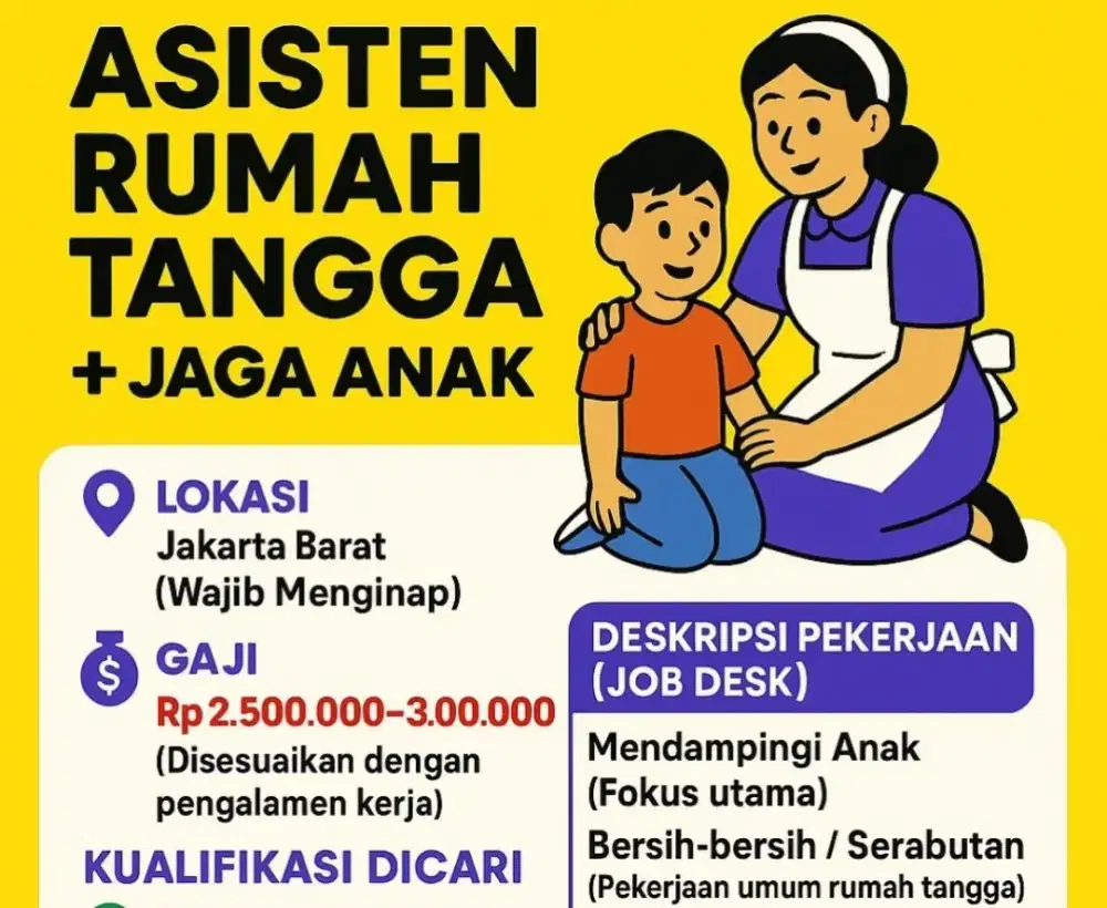 LOKER PRIA/WANITA: ART + JAGA ANAK ABK, JAKBAR