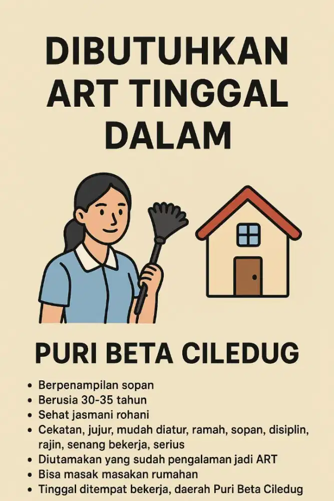 Dibutuhkan ART tinggal dalam di Puribeta Tangerang gaji 1.7-2jt
