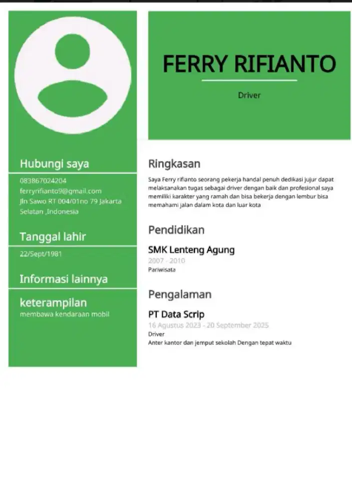 Cari info loker driver SIM A pengalaman 20 tahun siap bekerja