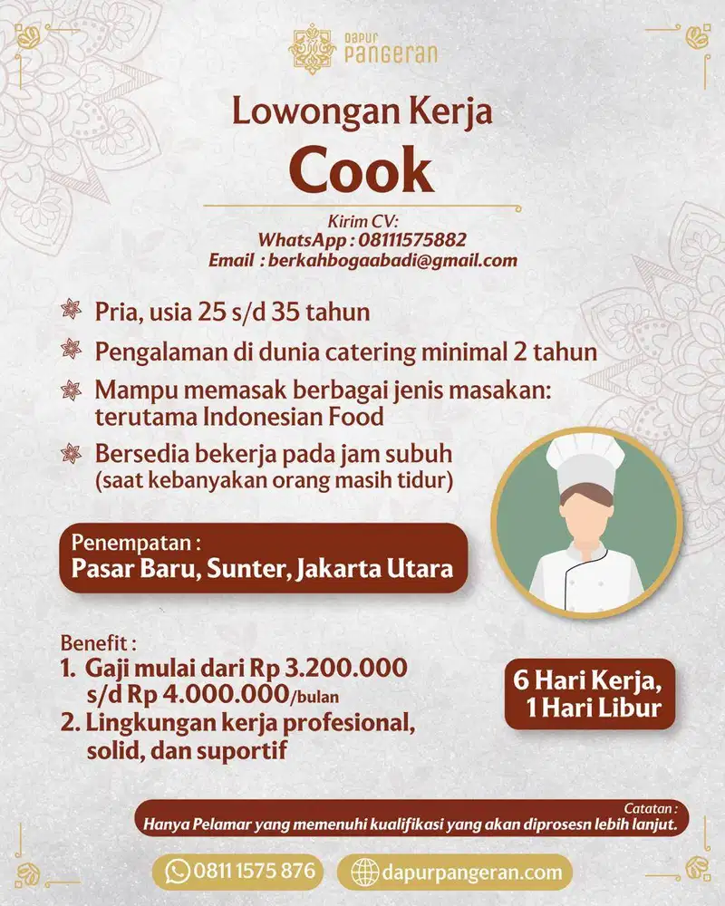 LOWONGAN KERJA – COOK ‍JUNIOR / SENIOR