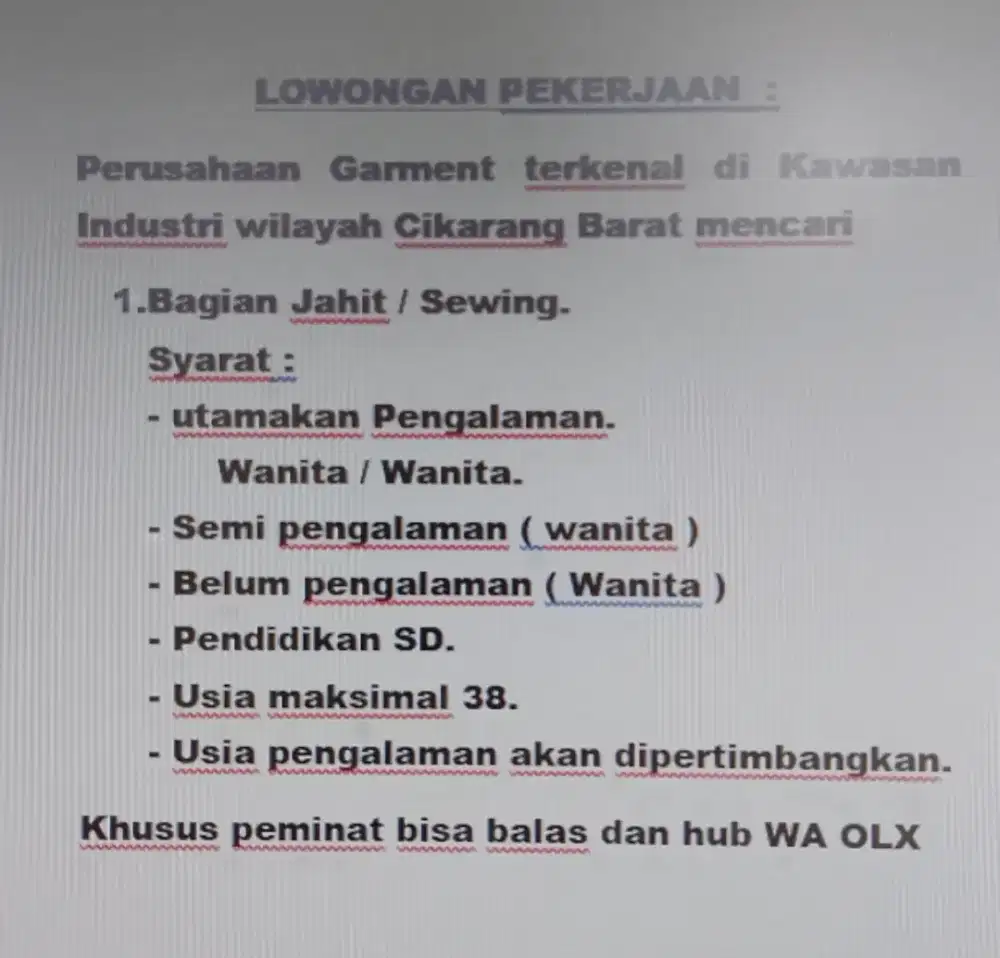Lowongan kerja jahit Tas dan Garment