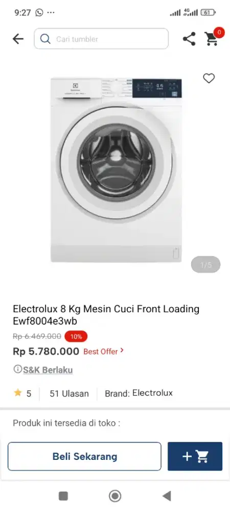 Mesin cuci elektrolux 8kg front loading