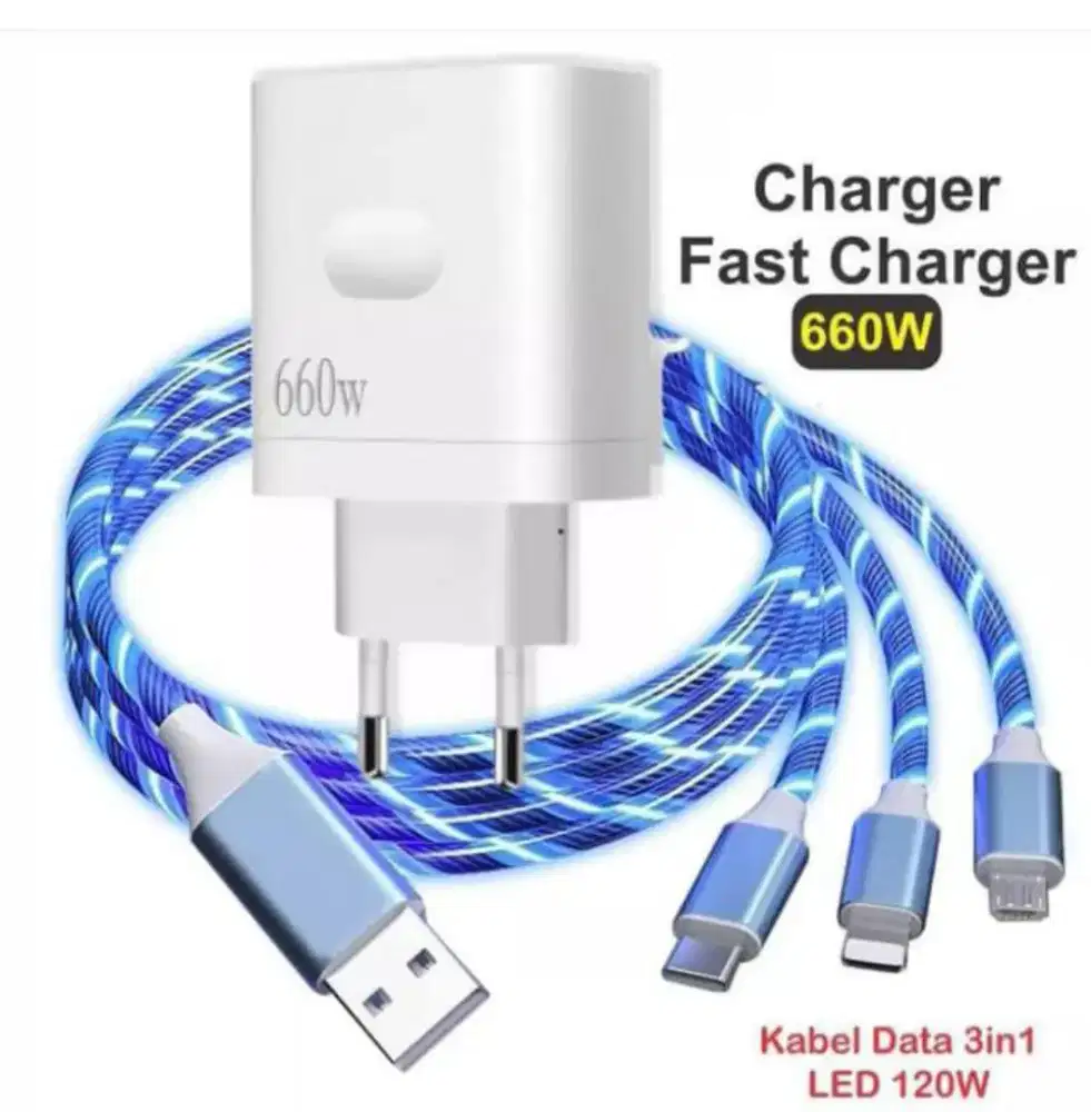 Charger 660W batok Reno 8 + Cable data 3 in 1 LED 120w Fast charging