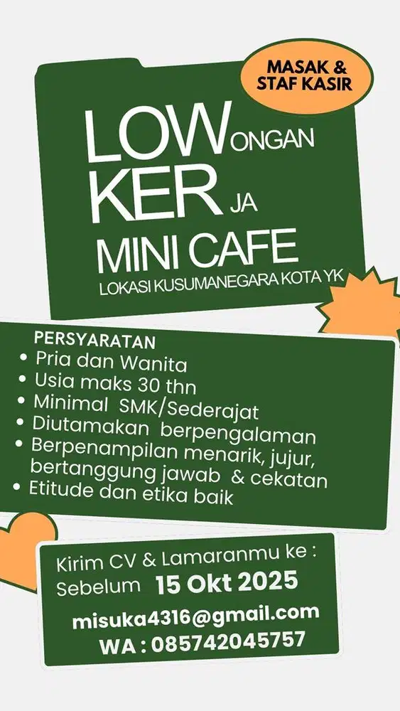 dibutuhkan segera tukang masak dan staf kasir