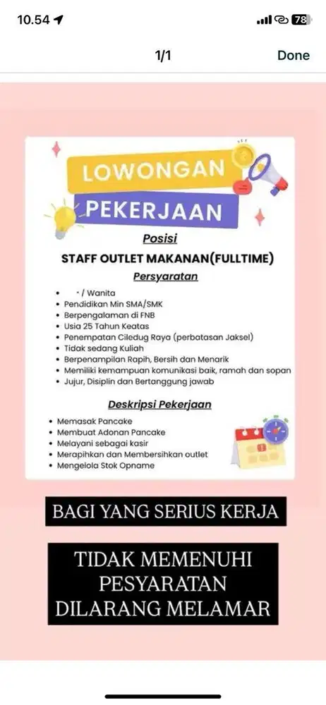 LOKER UTK BEPENGALAMAN STAFF FNB CILEDUG