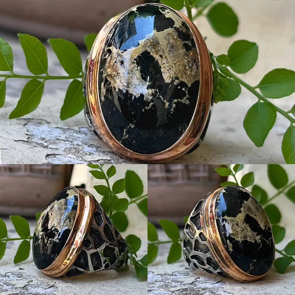 Cincin Natural Turquoise Phyrus Pirus Persia Deep Green Urat Emas