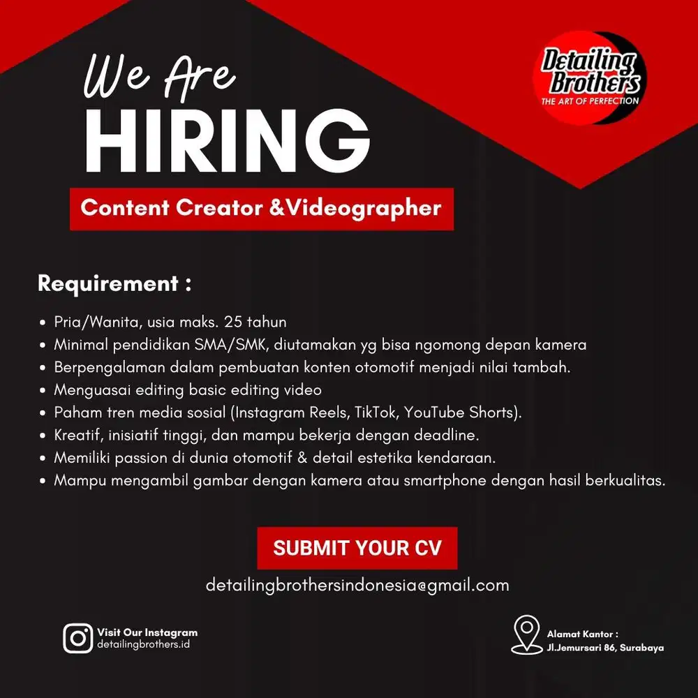 Dibutuhkan Segera Content Creator & Videographer