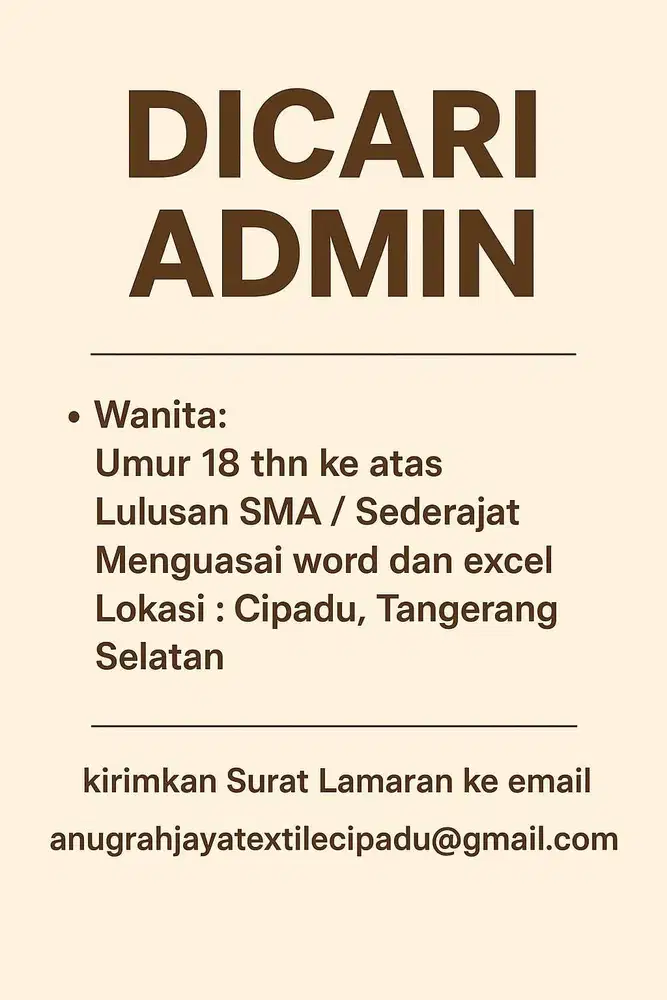 Dicari Admin di Cipadu, Tangerang Selatan