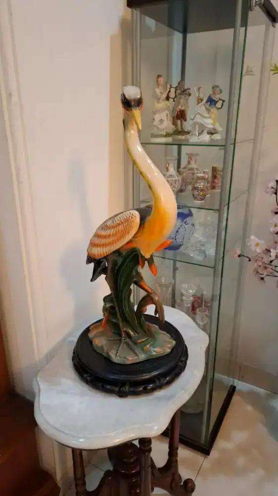Patung Burung Bangau Hand Painted Orange Red Mewah Antik