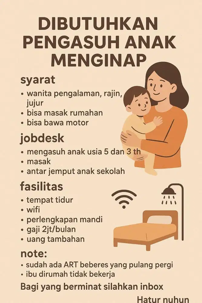 Dibutuhkan pengasuh anak menginap wanita
