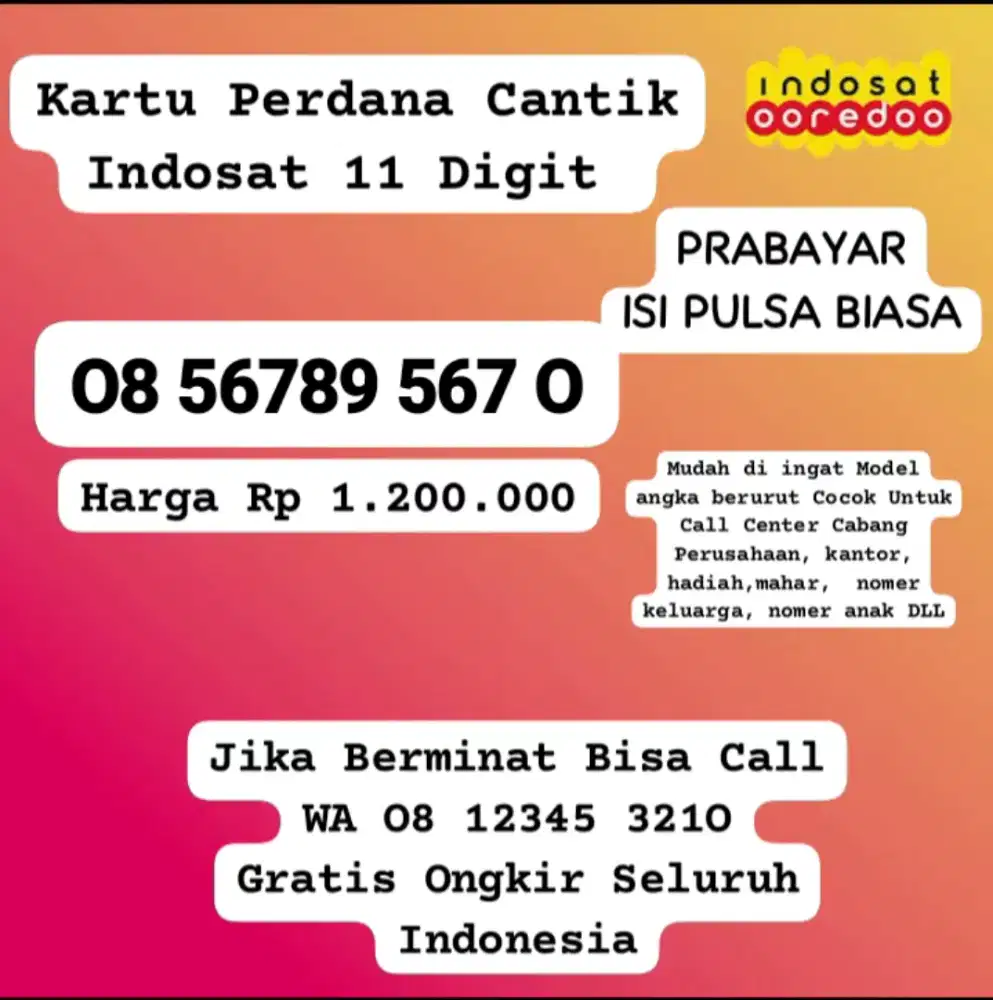 Kartu Perdana Cantik Indosat Telkomsel untuk pabrik Es martabak sayur