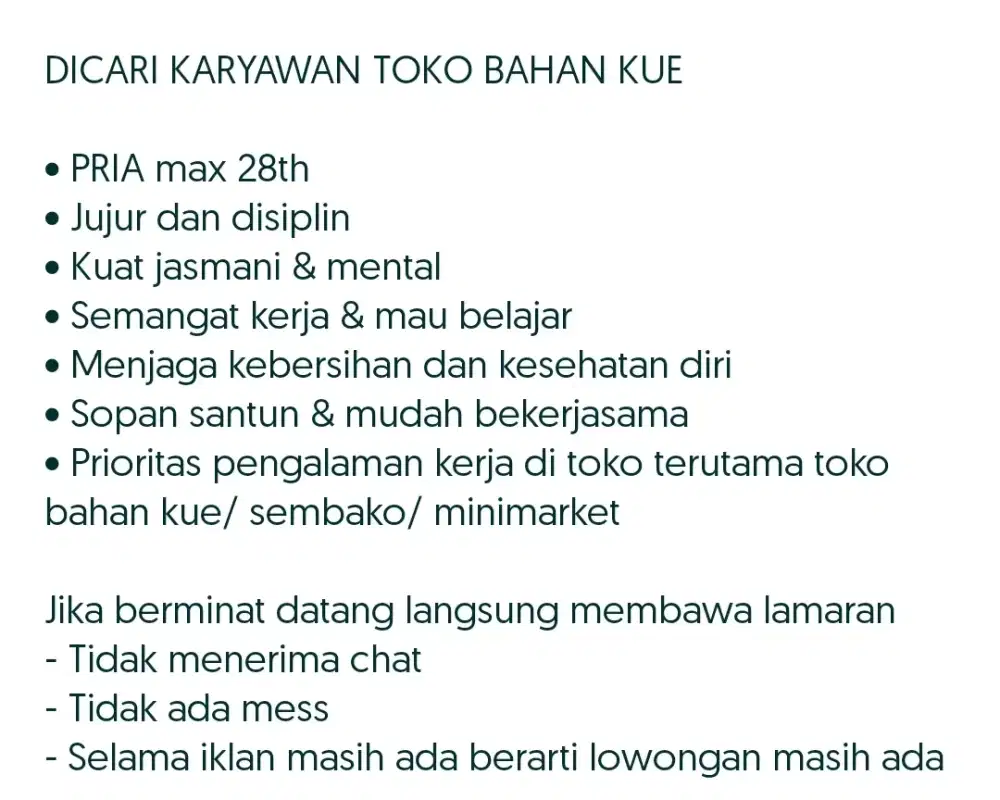 DICARI KARYAWAN TOKO BAHAN KUE