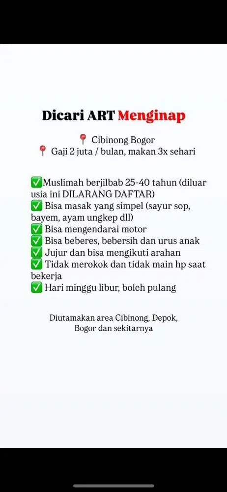 Lowongan ART (Menginap) - Cibinong Bogor