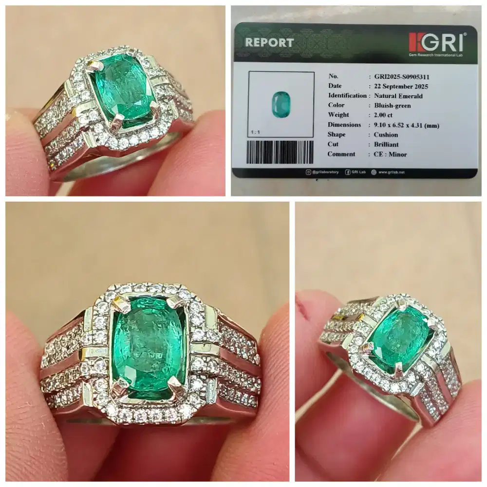 Emerald Beryl / Cincin Jamrud 2cts Top Crystal Silver Ring GRI Lab