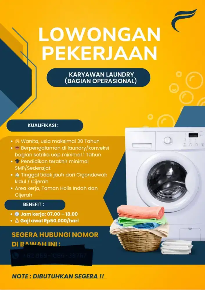 BUTUH PEKERJA LAUNDRY PRIA