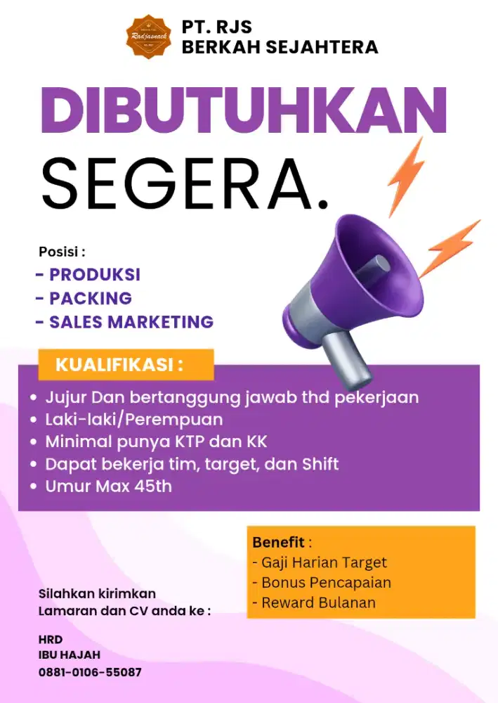 Lowongan Kerja PT. Rjs Berkah Sejahtera