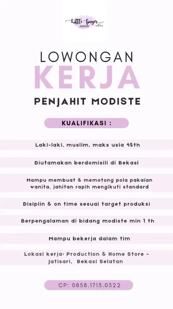 LOWONGAN PENJAHIT MODISTE