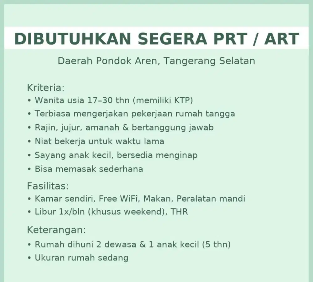 Lowongan Kerja PRT / ART