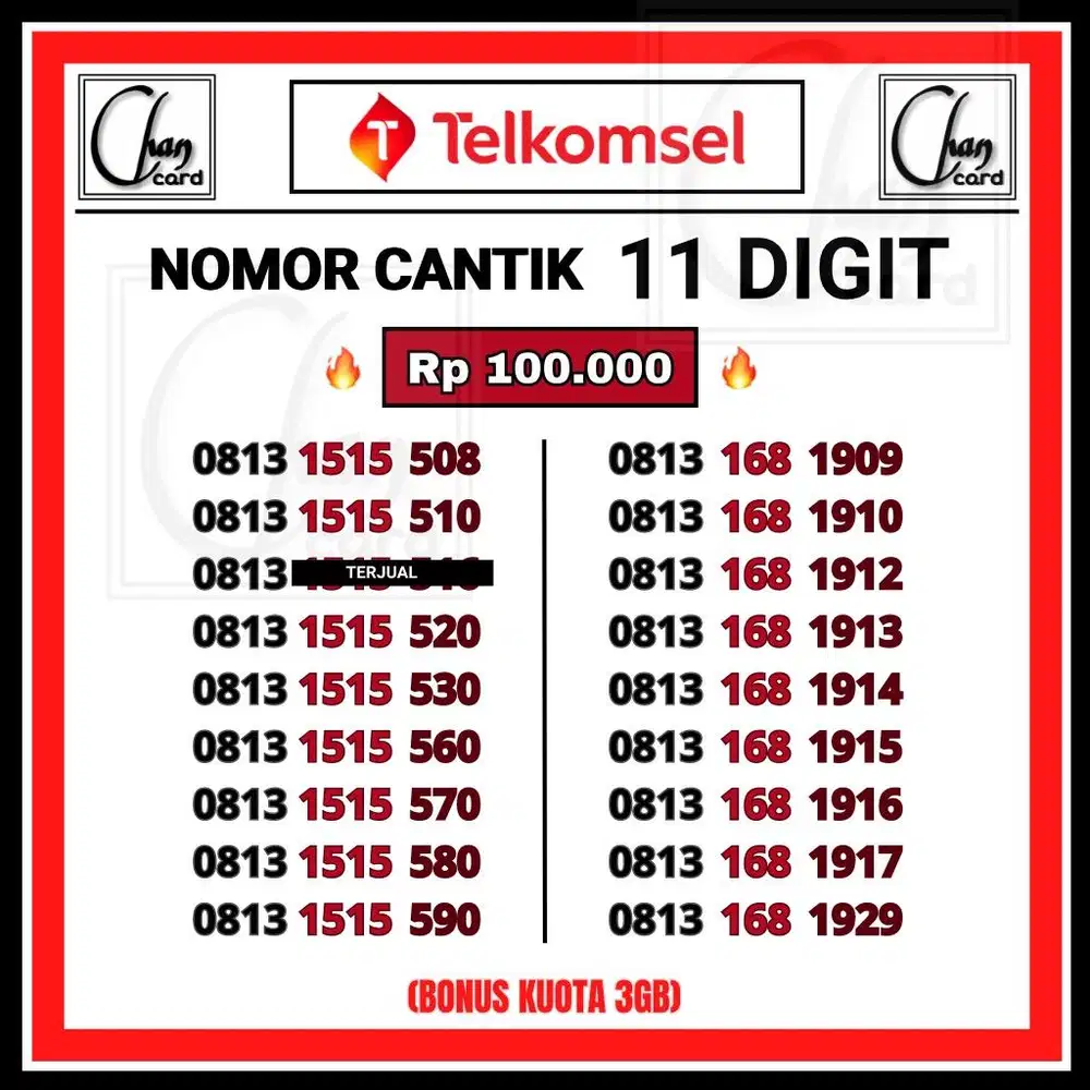 Nomor Cantik Seri Hoki 168 ILUFA dan ABAB Kartu Telkomsel Murah