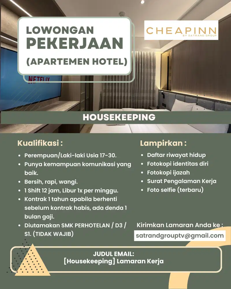 Lowongan Kerja HOUSEKEEPING HOTEL APARTEMEN - MELAMAR HANYA VIA EMAIL