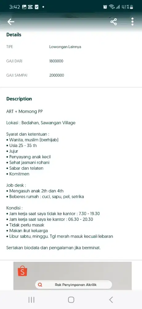 Dibutuhkan ART PP Serabutan + Momong