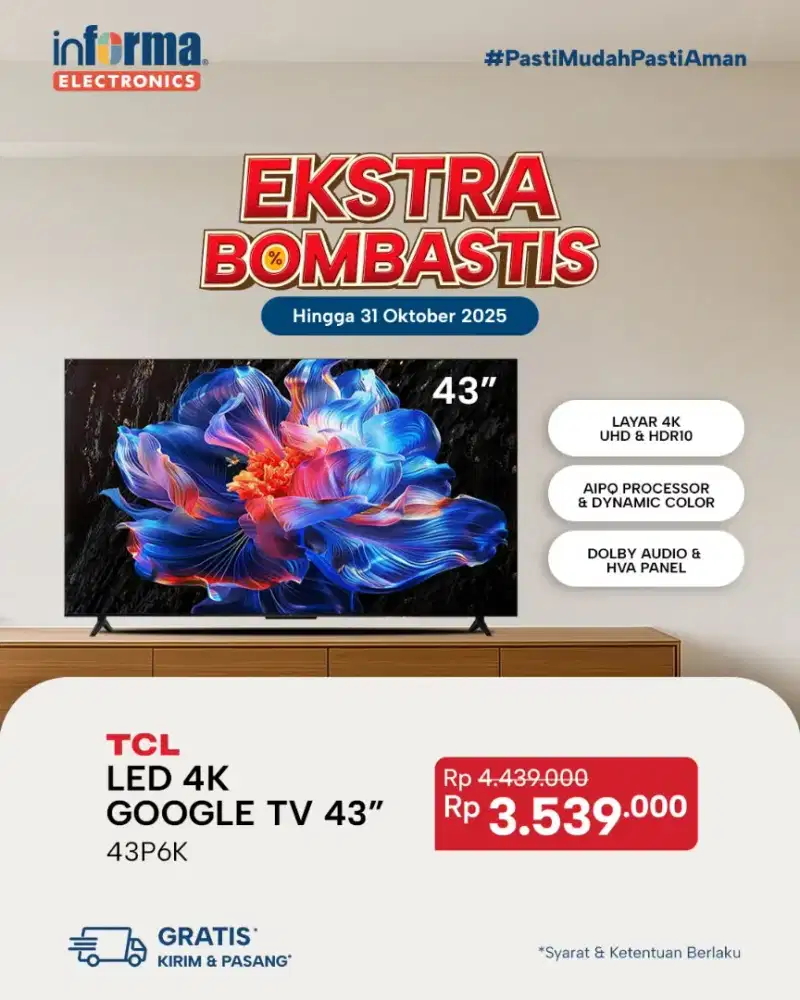 Ready stok tv 43 inc tcl google tv