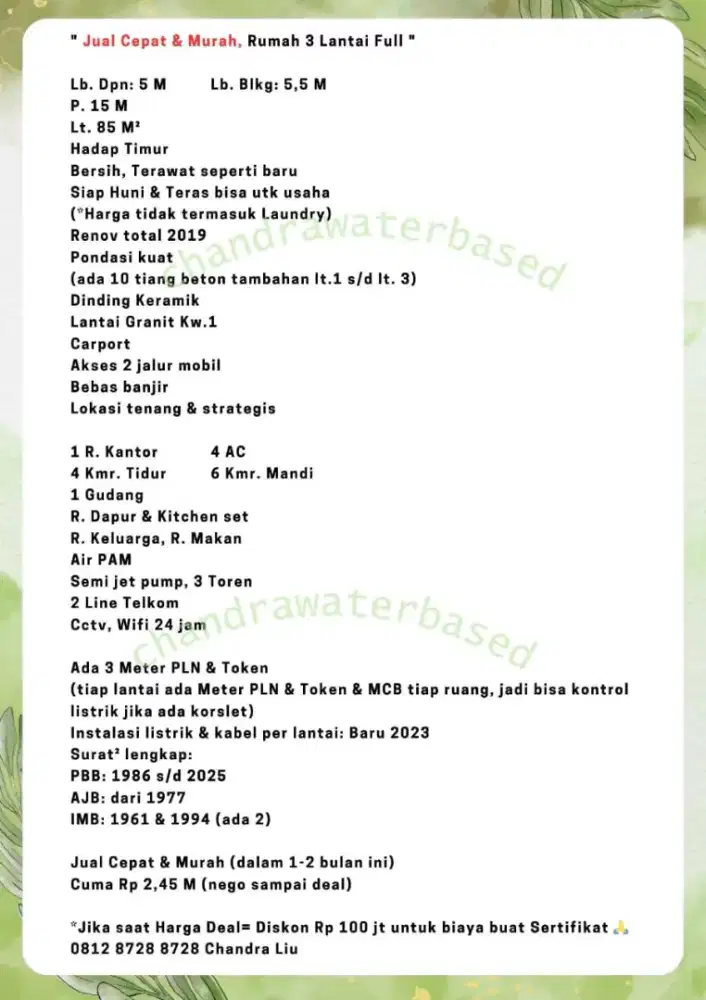 Jual Cepat & Murah, Rumah 3 Lantai Full