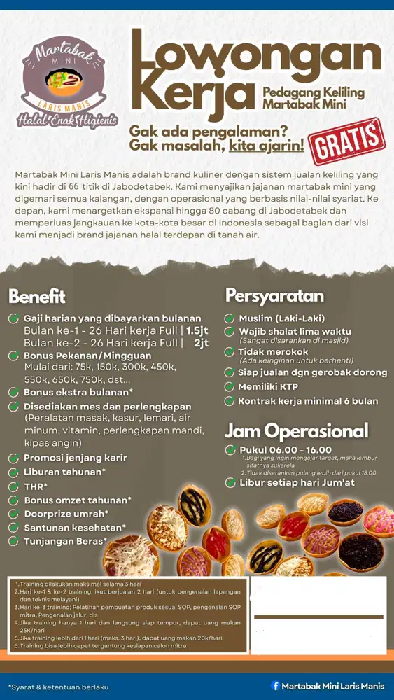 Dibuka lowongan kerja pedagang keliling martabak mini