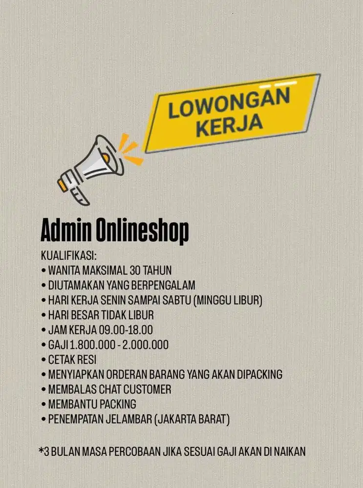 Lowongan kerja admin onlineshop daerah jelambar