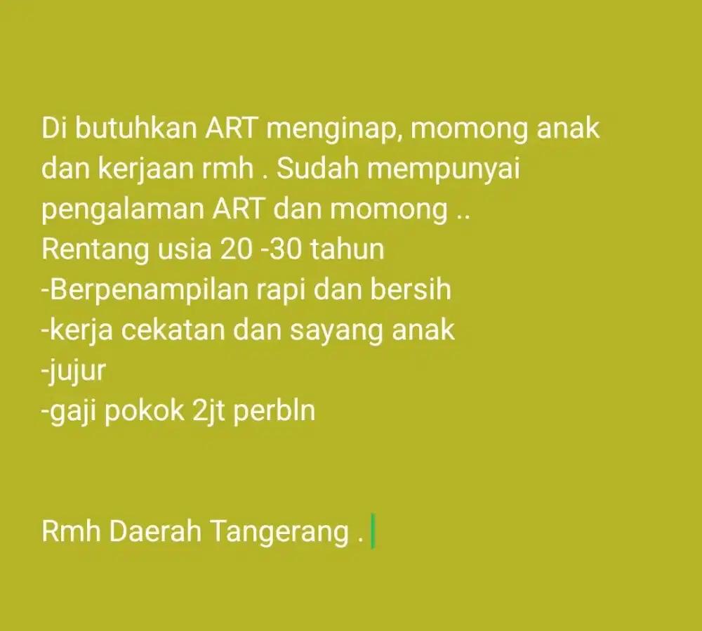 Di Cari Asisten Rumah Tangga menginap