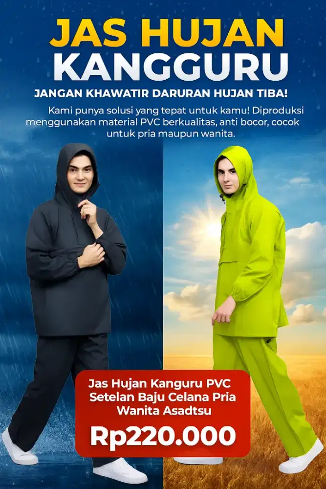 Jas Hujan Kangguru Bahan PVC Setelan Baju Celana Dewasa Pria Wanita