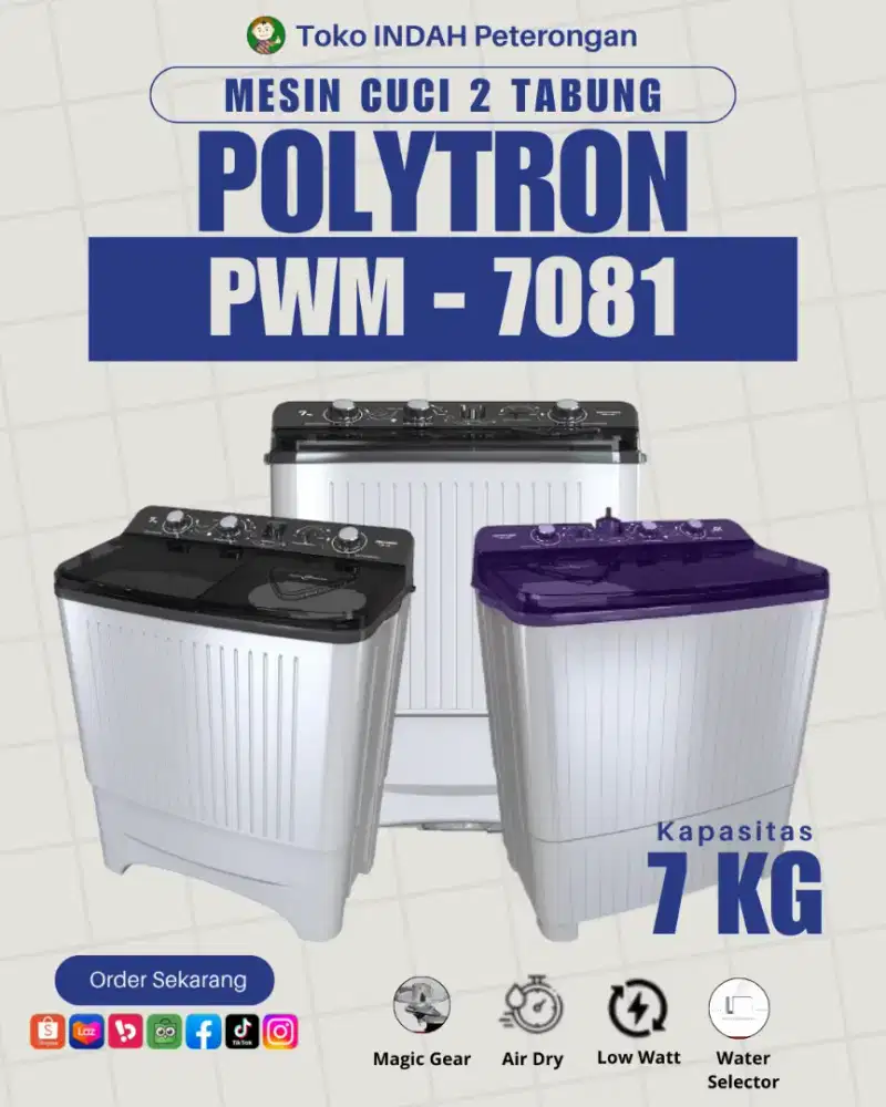 Mesin Cuci 2 Tabung Polytron PWM-7081V/Y