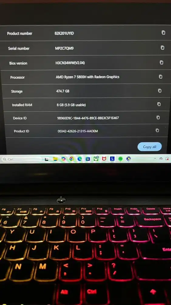 Di jual laptop bekas lenovo ideapad gaming 3 15ACH6, AMD Ryzen 7 Ram 8