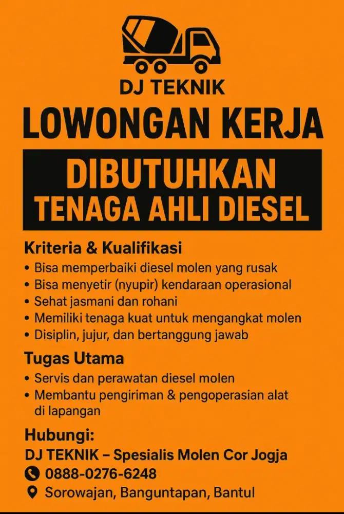 Dibutuhkan mekanik Molen Cor