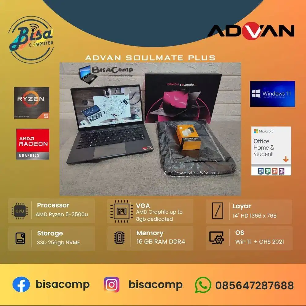 Advan Soulmate Plus AMD Ryzen 5-3500 SSD 256gb Ram 16gb 14inchHD